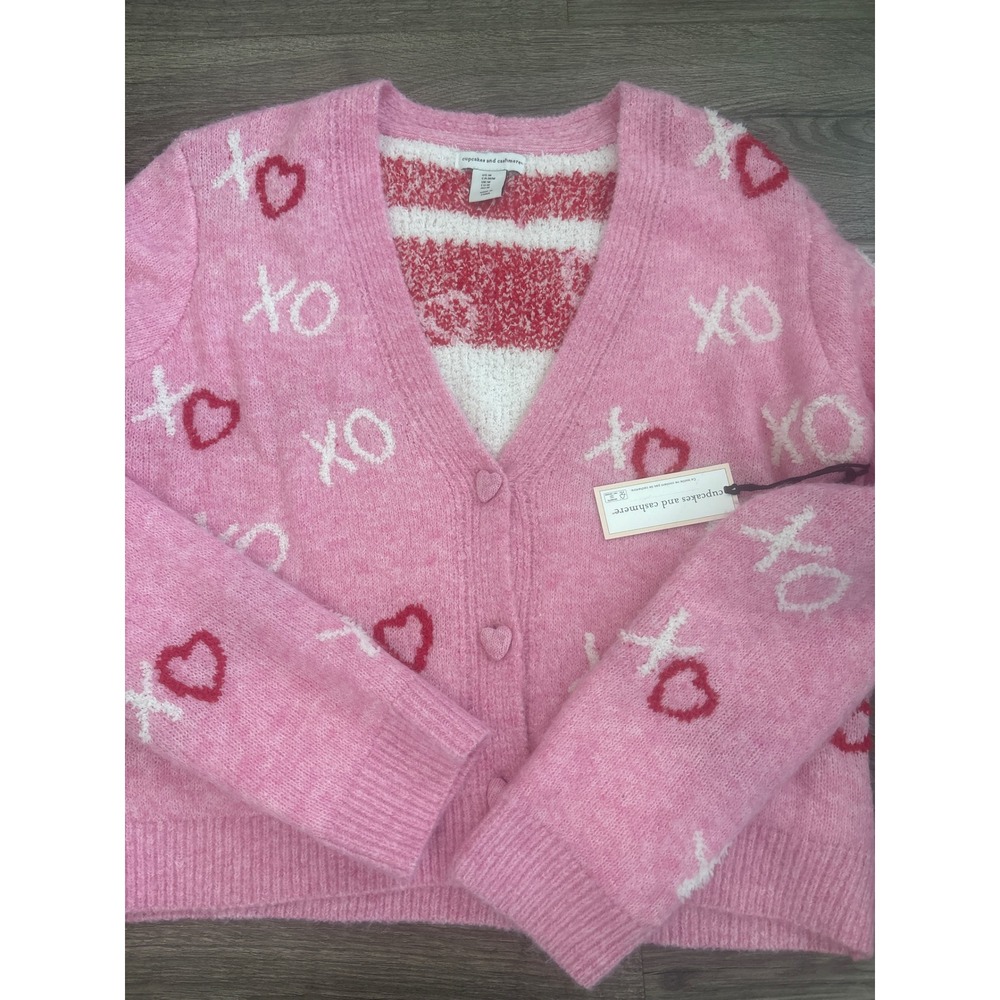 Cupcakes and Cashmere Pink XO Heart Print Cardigan Sweater Medium NEW